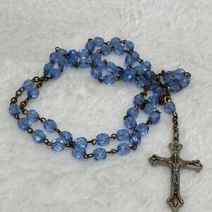 VINTAGE CATHOLIC ROSARY BEADS ITALY FACETED COBALT BLUE CRYSTAL BEADS  RELIGIOUS